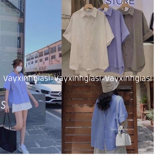Áo sơ mi nữ form rộng kẻ Kiểu Màu Trắng đen xanh đẹp,Áo sơ mi ngắn tay cúc lưng ulzzang