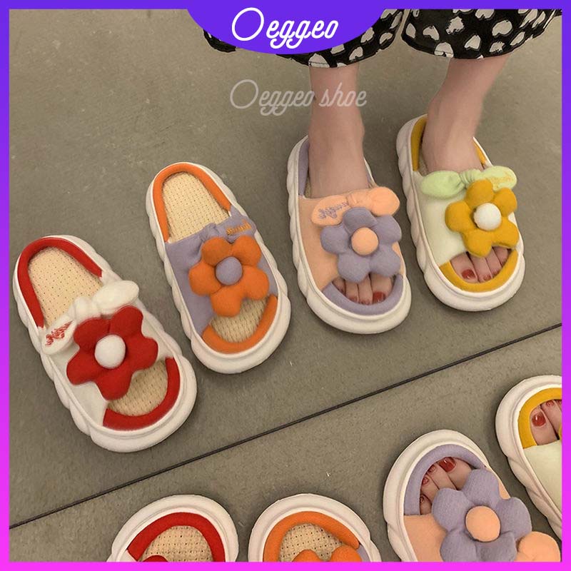 Oeteo Dép Bông Đi Trong Nhà Đế Dày Đính Hoa Xinh Xắn Cho Nữ