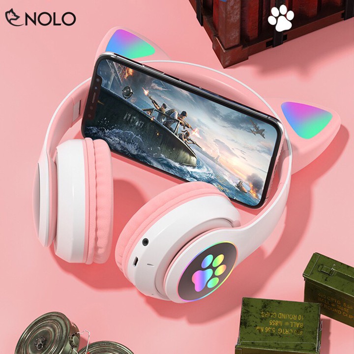 Tai Nghe Chụp Tai Headphone Bluetooth V5.0 VZV23M Kiểu Tai Mèo Có Đèn Led RGB Đổi Màu Hỗ Trợ Nghe Qua Dây Cắm AUX