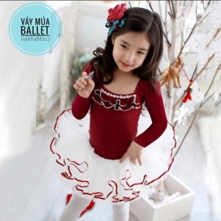 Váy múa bèo ngực phối dài tay (đỏ, xanh coban)