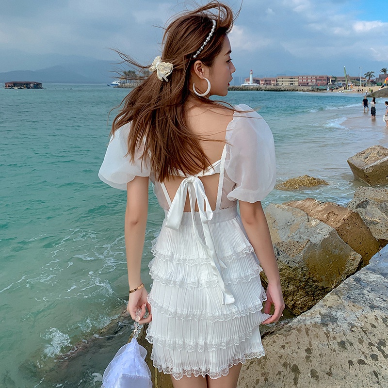 IELGYĐầm Ngắn Dáng Ôm Hở Lưng Phối Lưới Màu Trắng Thời Trang Cho Nữ