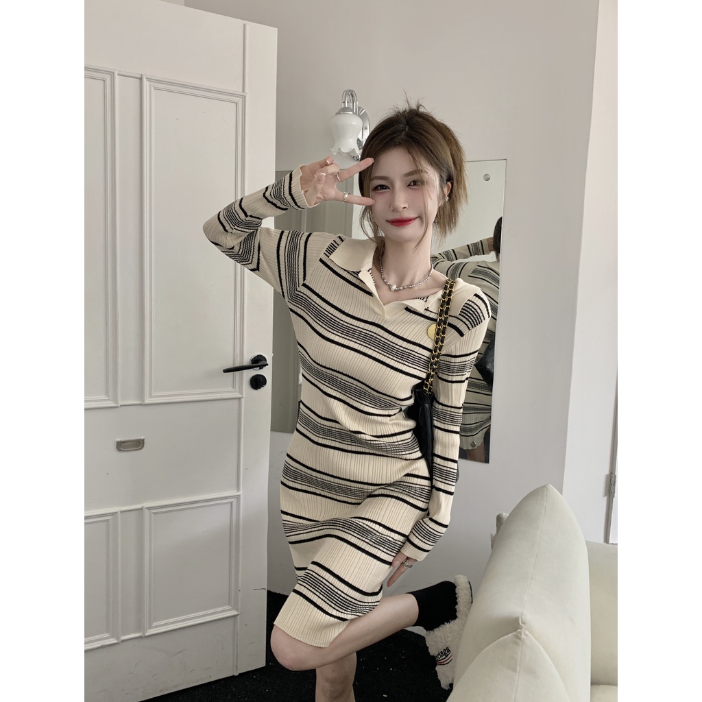 ZHELIHANGFEI Đầm Dệt Kim Tay Dài Cổ POLO Họa Tiết Kẻ Sọc Thời Trang Thanh Lịch Cho Nữ