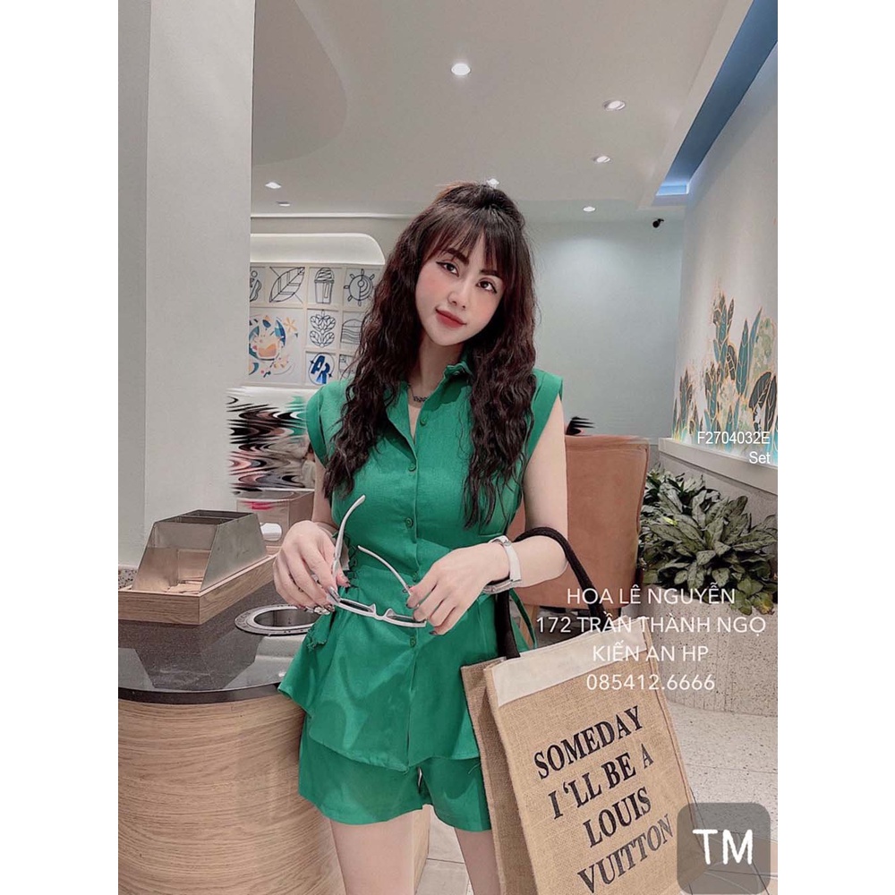 Set 2 món áo sơ mi đan dây hai bên eo sát nách phối quần short!
