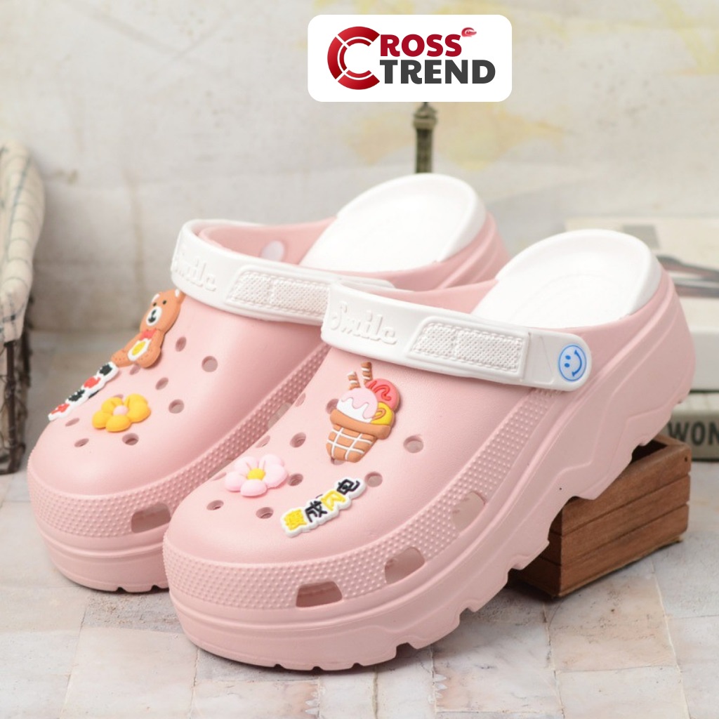 Dép cross, Crocs nữ đẹp Smile Hồng đế cao 4cm hãng Heng Yu 100% nhựa eva siêu êm chân tặng 8 sticker jibitz CROSS TREND