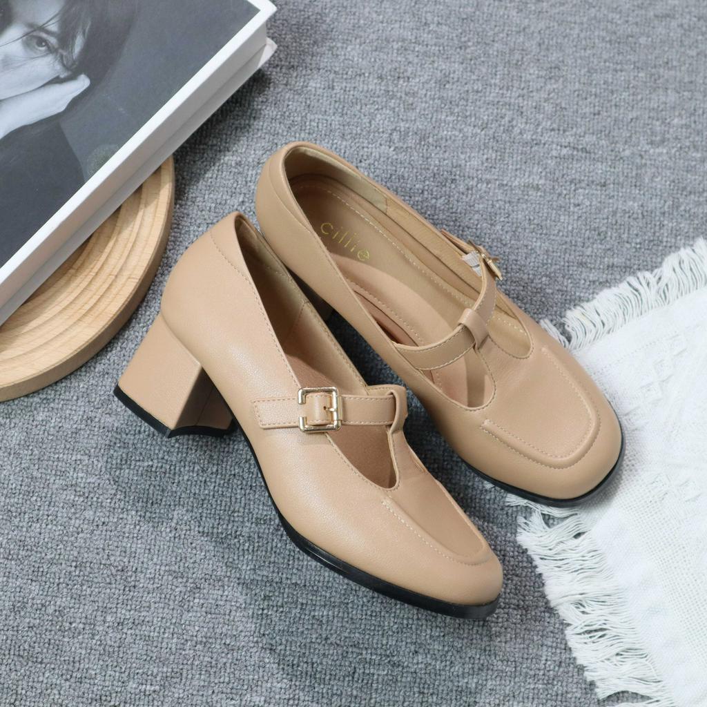 Giày Búp Bê Cao Gót Cillie Nữ Mũi Tròn Gót Vuông Chắc Chắn 1090