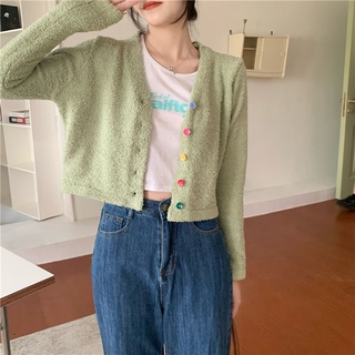 Ihkke Áo khoác len cardigan mỏng ngắn phong cách retro Hàn Quốc
