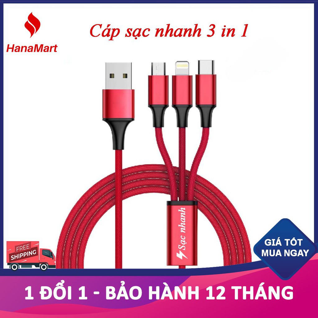 Cáp sạc 3 đầu đa năng 3 in 1 Lightning, Micro, Type-C Bọc Dù Chống Đứt 100% lõi đồng nguyên chất, không nóng máy