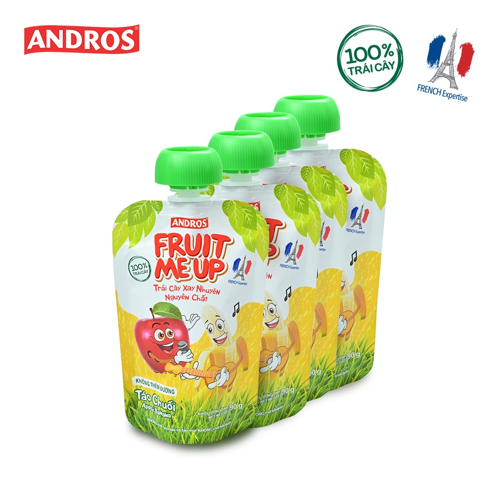 Combo 4 Túi Trái Cây Xay Nhuyễn Vị Táo chuối - 100% trái cây thật - ANDROS FRUIT ME UP - 90gx4