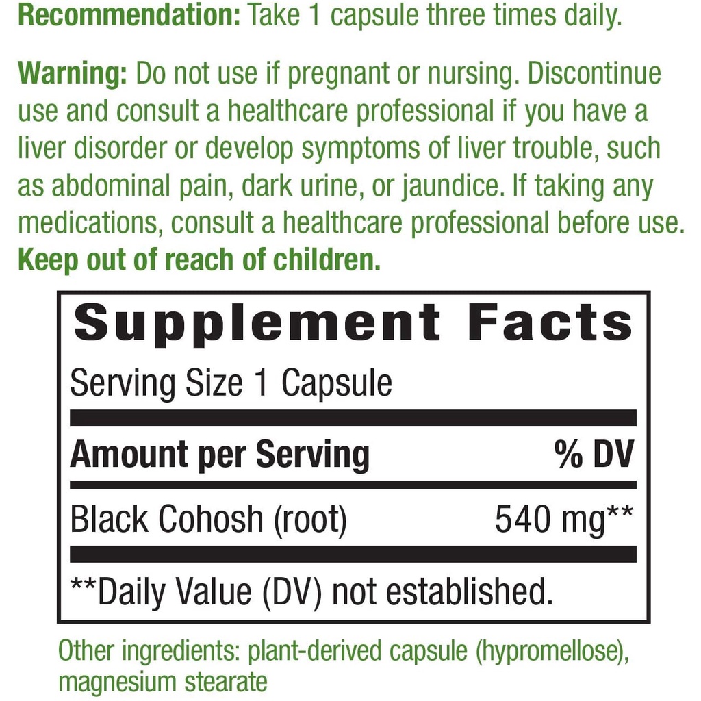 Nature's Way Black CoHosh Root 540mg - Viên uống bổ sung Estrogen, hỗ trợ tiền mãn kinh, giảm bốc hỏa 180 viên