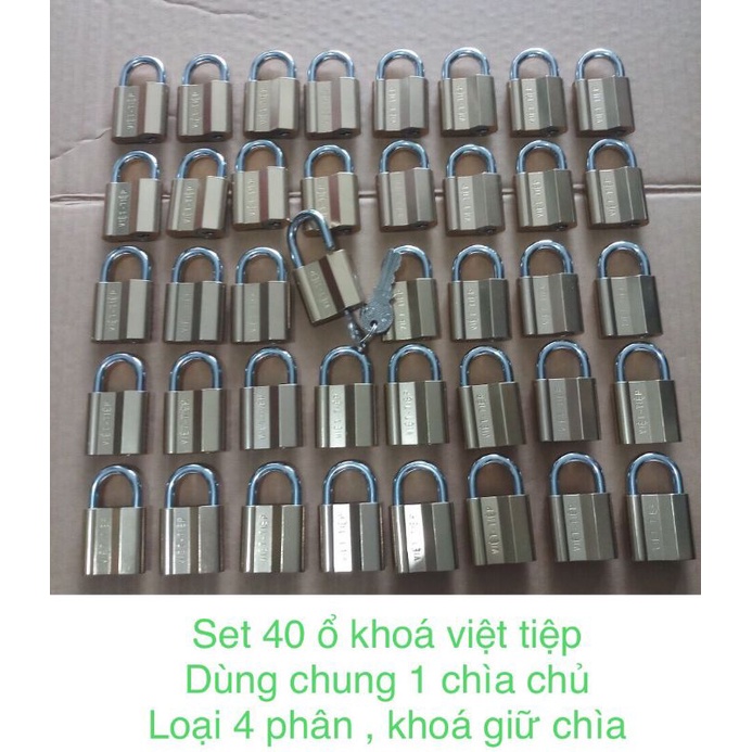 Set 40 ổ khoá việt tiệp dùng chung 1 chìa chủ ( loại 4 phân , khoá giữ chìa , có 15 chìa sơ cua )
