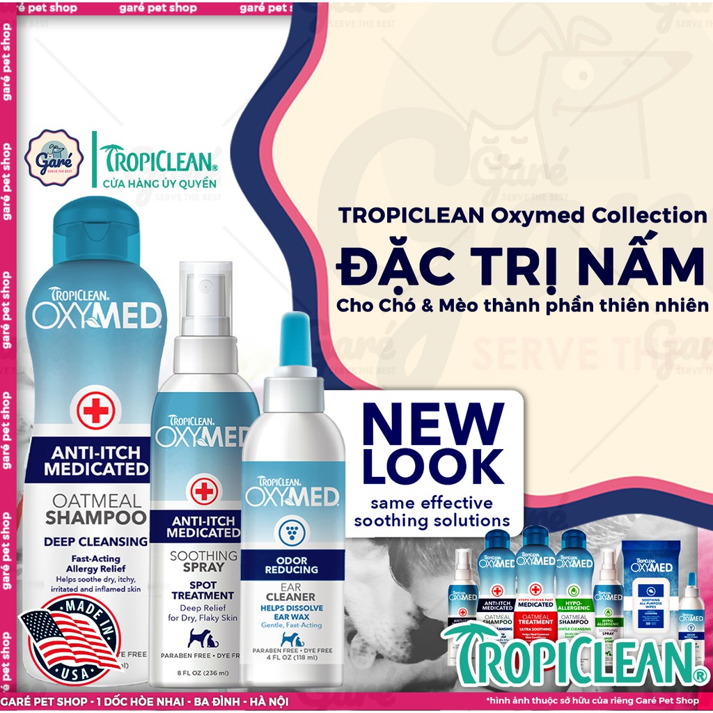 TropiClean Oxymed Collection bộ sưu tập giảm viêm &amp; kích ứng, nấm, ngứa, da nhạy cảm dành cho Chó Mèo -TropiClean OxyMed