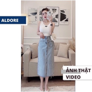 Chân váy jean nữ dáng dài chất bò sẻ trước xanh nhạt tag da bò Aldore CV2