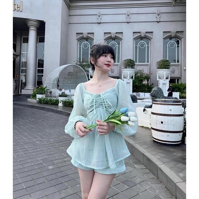 (Có bigsize) Set áo khoét eo nhún ngực đan dây lưng + quần short