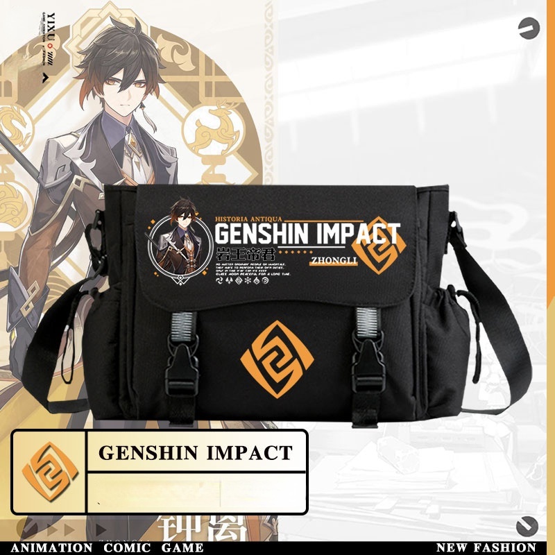 Túi xách đi học/ du lịch đeo vai họa tiết Raiden Shogun shadow Shoulder Bag Genshin Impact Hutao Zhongli Game Peripheral School Bag Klee Keqing Oblique Bag 2D Stu