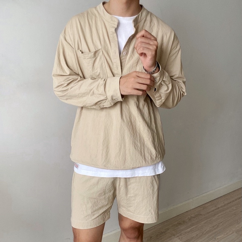 SANTÉ STUDIO - Set sơ mi dài tay và quần short vải đũi phong cách Hàn Quốc - TWINS SET