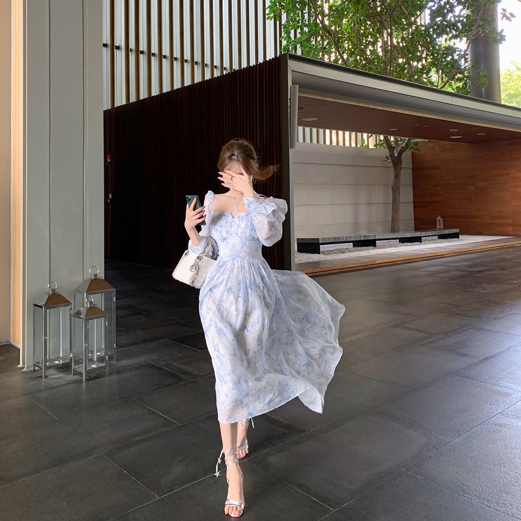 Đầm midi cổ vuông tay dài vải voan in hoa màu xanh dương thời trang mùa hè phong cách pháp cho nữ 2023