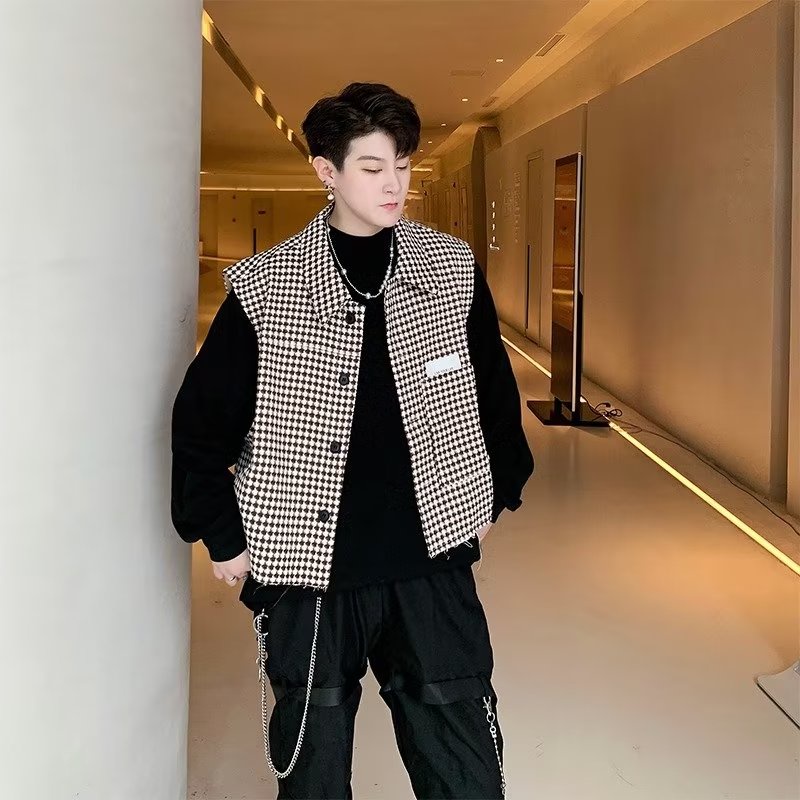 Áo Khoác Sát Nách Kẻ Sọc Caro Trẻ Trung Thời Trang Phong Cách Hàn Quốc Cho Nam