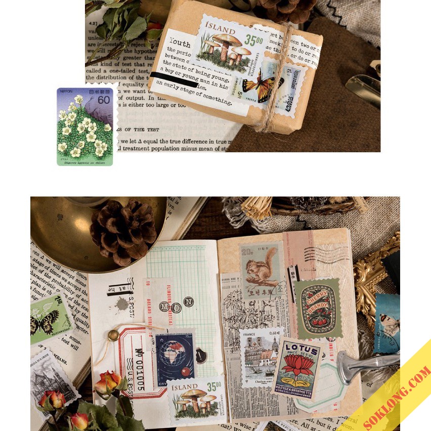 Bộ 46 tem dán Sticker phong cách Retro - Sticker hình tem trang trí sổ Tuệ Minh