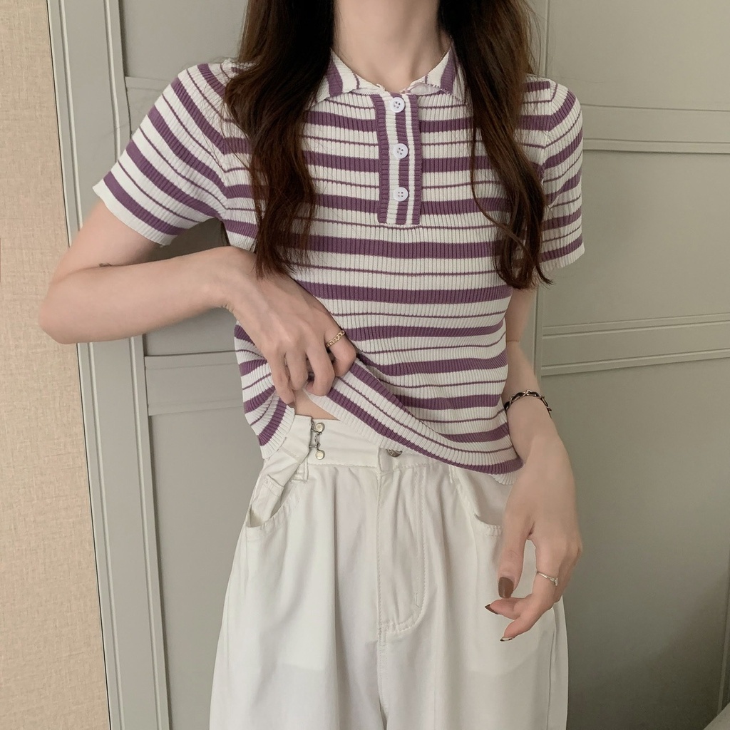 【ZHELIHANGFEI】 / Áo Sweater polo Ngắn Tay Vải Lụa Lạnh Mỏng Kẻ Sọc Có Cổ Thời Trang Mùa Hè Mới Cho Nữ