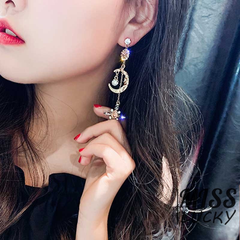 ❤HHN-VN  Asymmetric European and American-Style Fashion Moon Diamond Set Earrings Debutante Elegant