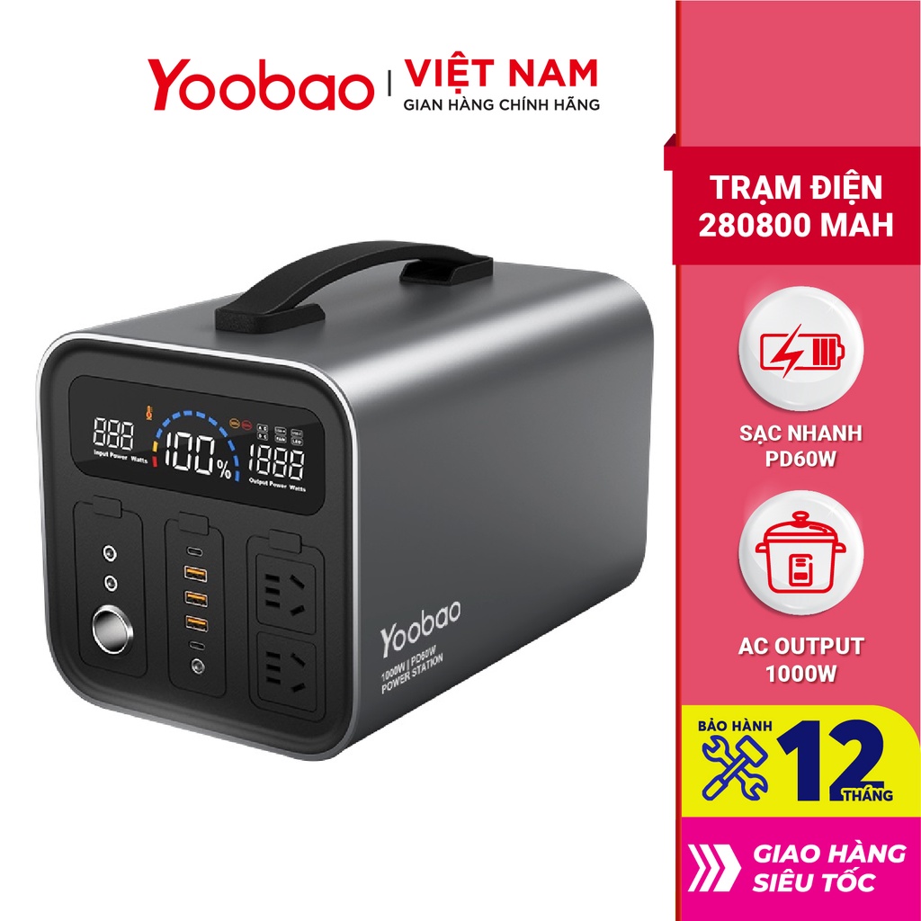 Trạm sạc dự phòng Yoobao EN1000S Dung lượng 280800mAH Sạc nhanh PD60W 220V/600W Màn hình LED Tích hợp đèn pin siêu sáng