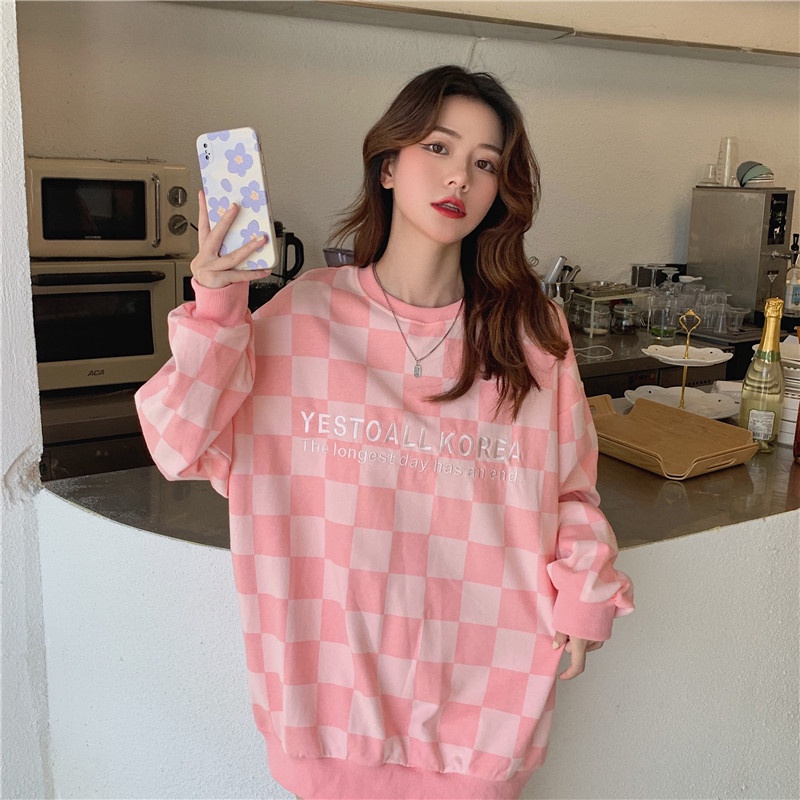 Áo sweater tay dài cổ tròn in họa tiết caro phong cách Hàn Quốc đáng yêu cho nữ