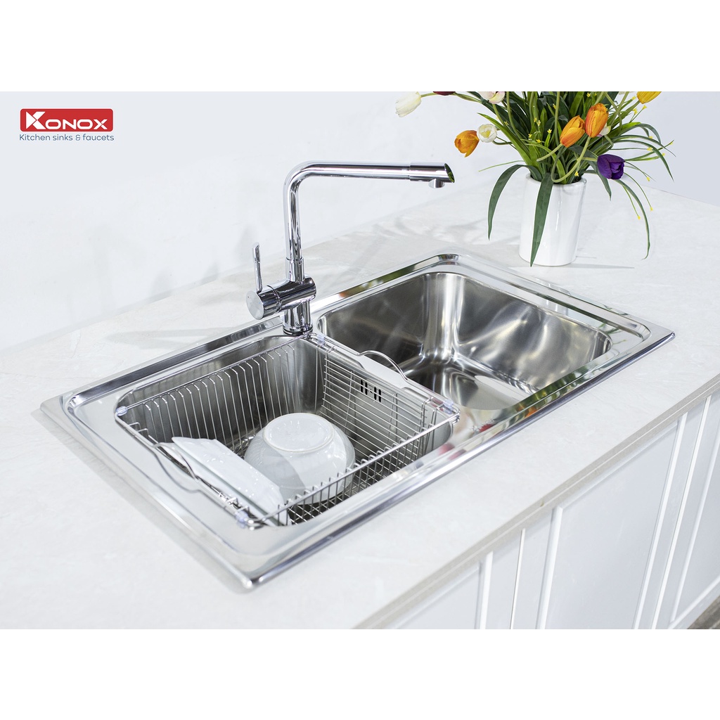 Chậu rửa bát KONOX European Premium KS8650 2B, inox 304AISI, full set gồm Siphon+Giá úp bát inox