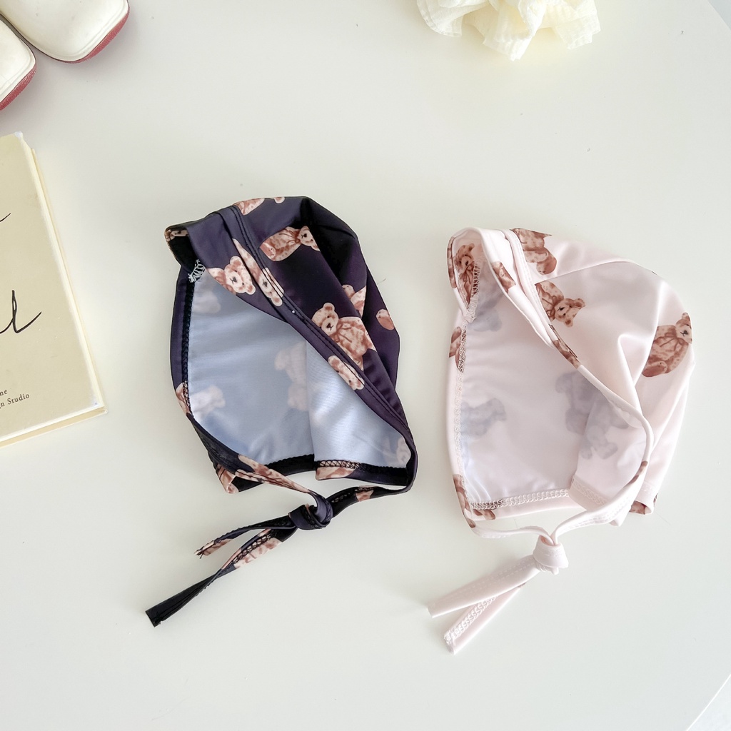 Bộ Đồ Bơi Liền Thân Tay Ngắn In Hình Gấu + Mũ Thời Trang Mùa Hè Cho Bé Gái