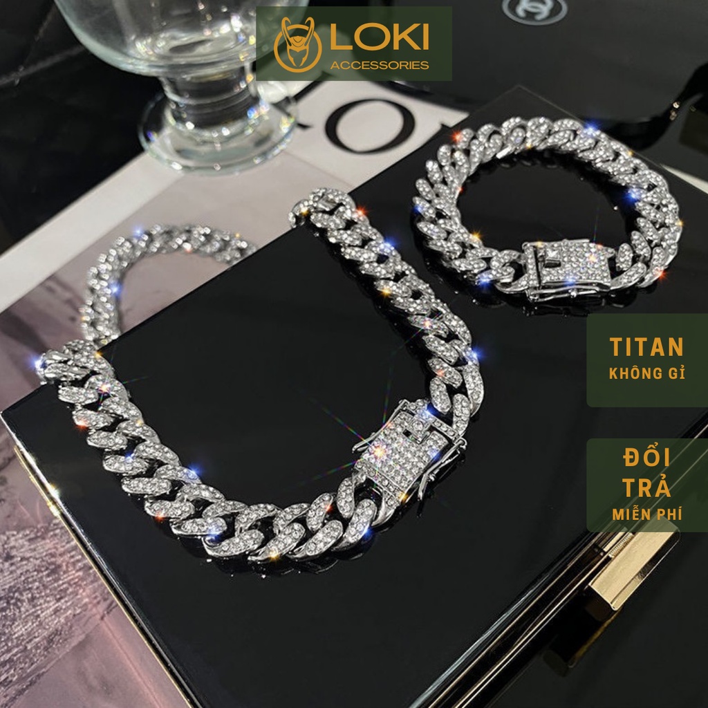 Dây Chuyền Nam Vòng Cổ Đính Đá Lắc Tay Nam Nữ Unisex Cuban Đá Loki Hiphop Đính Đá Lấp Lánh Titan Không Gỉ - Cuban Đá