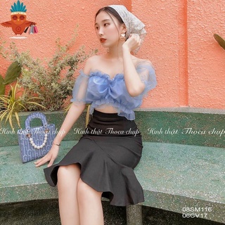 Áo kiểu croptop trễ vai voan kiếng viền bèo nhún giữa cực xinh  , chất voan kiếng mềm mịn