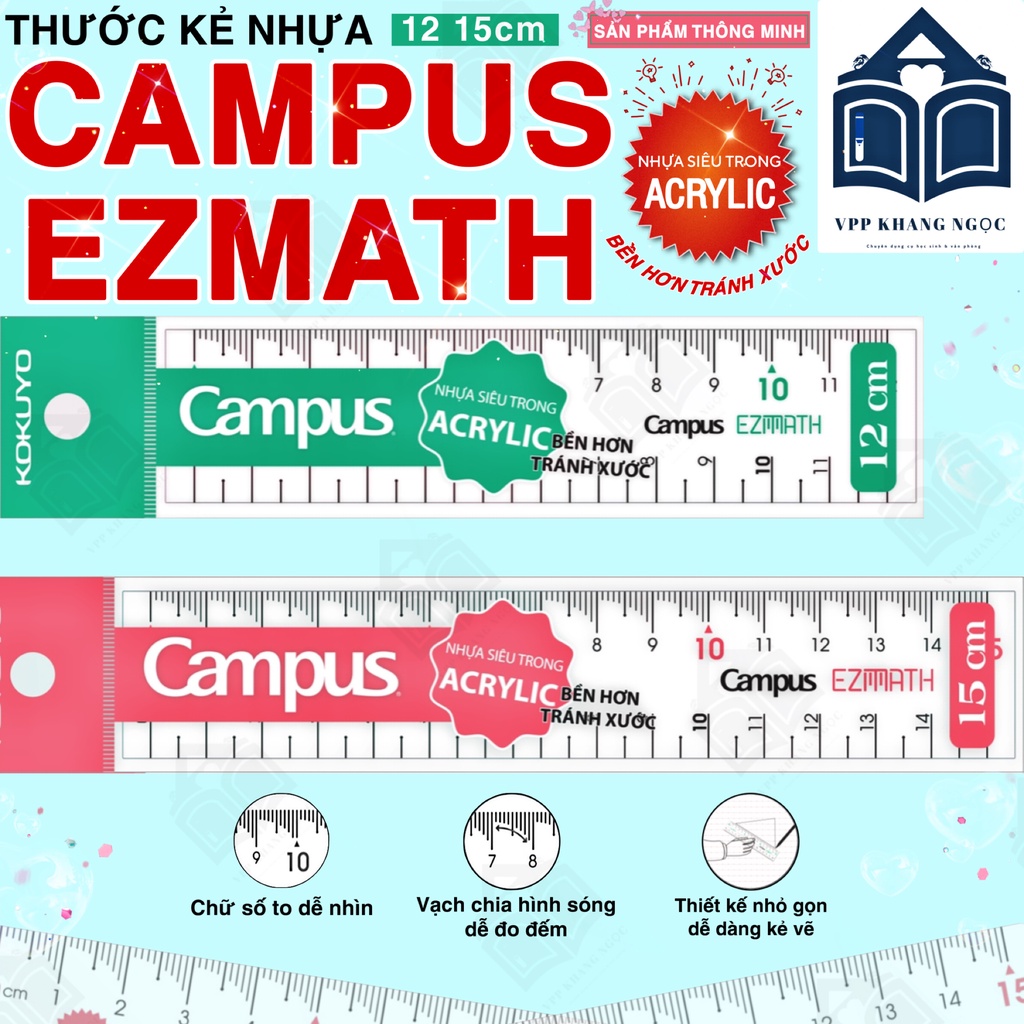 Thước Kẻ Nhựa Trong Suốt 12-15cm Ezmath Campus
