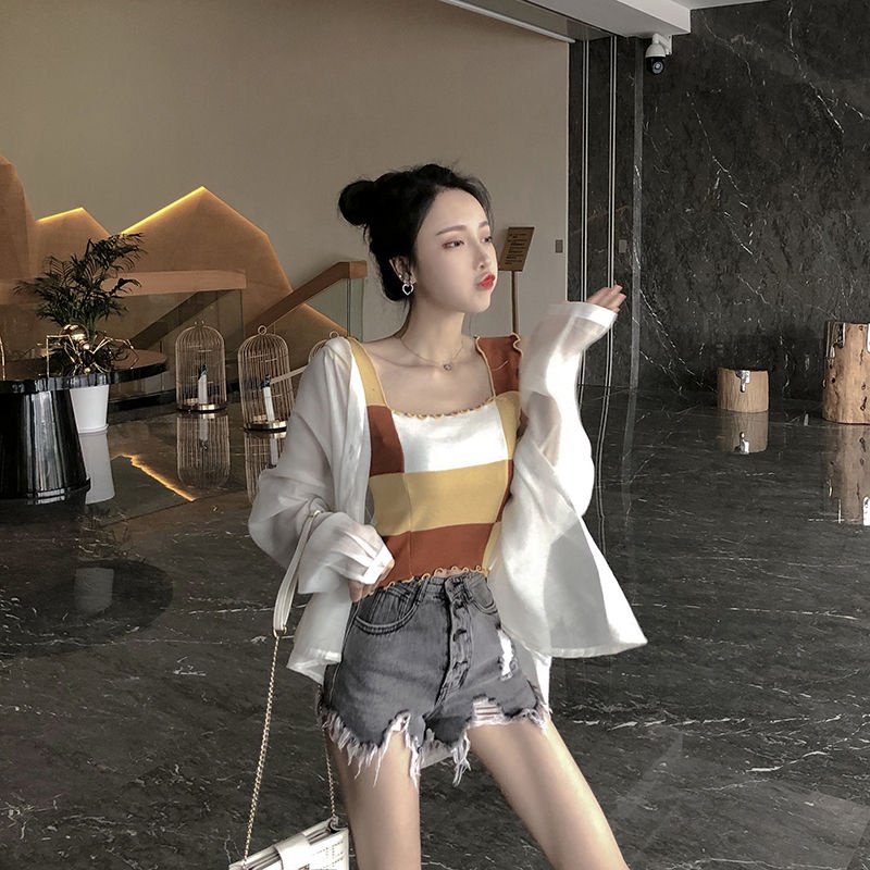 Áo Dệt Kim Không Tay Phối Màu Họa Tiết Caro Phong Cách Âu Mỹ Thời Trang Mùa Hè Cho Nữ