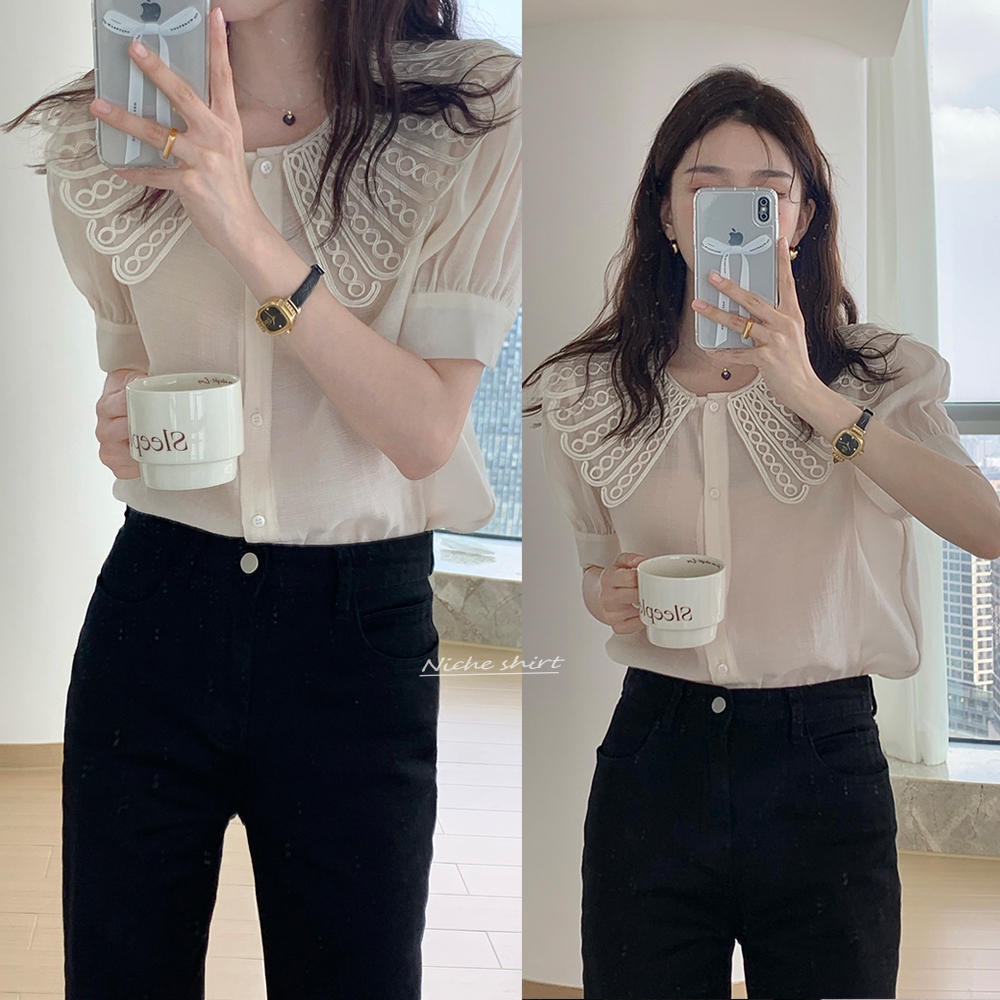 Áo Sơ Mi Tay Ngắn Cài Nút Cổ Phối Ren Phong Cách Retro 50016