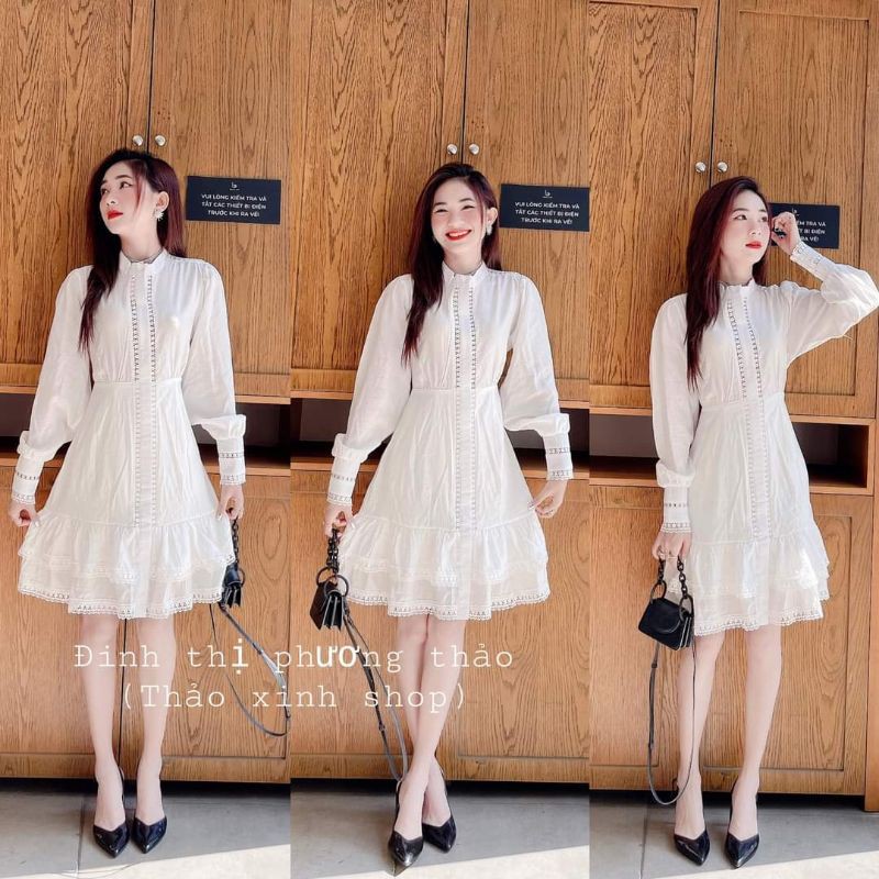 váy trắng dự tiệc cổ trụ đuôi bèo phối ren