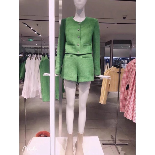 SET ÁO DẠ TWEED ZARA + QUẦN TWEED LƯNG CAO MÀU XANH CỰC HOT