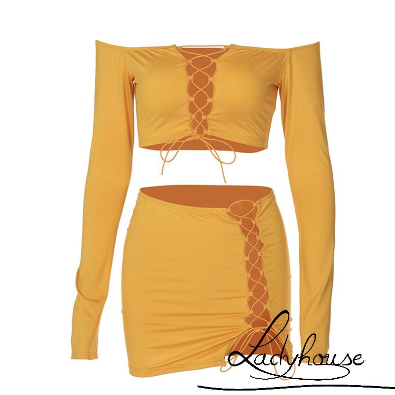 Bộ Áo Thun Tay Dài + Chân Váy Ôm Dáng Xẻ Tà Thời Trang Gợi Cảm Cho Nữ