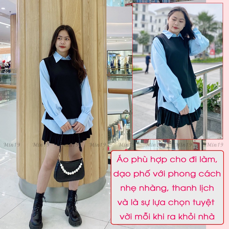 Sét Sơ Mi MIN19 Áo Sơ Mi Kiểu Hàn Quốc Dáng Dài Phối Gile Đen Freesize Tay Phồng  Form rộng Thời Trang