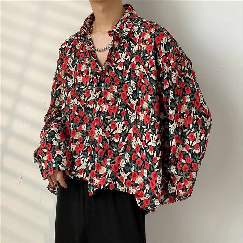 Áo sơ mi tay dài dáng rộng in họa tiết hoa hồng đỏ phong cách cổ điển thời trang Hàn Quốc hàng mới dành cho nam