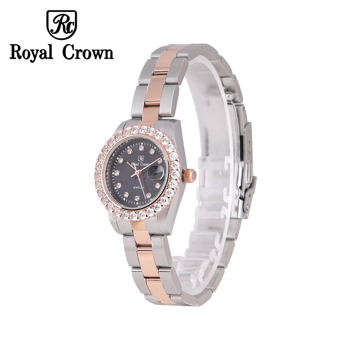 Đồng Hồ Nữ Chính Hãng Royal Crown 3662L Dây Thép Vỏ Vàng Hồng Mặt Đen