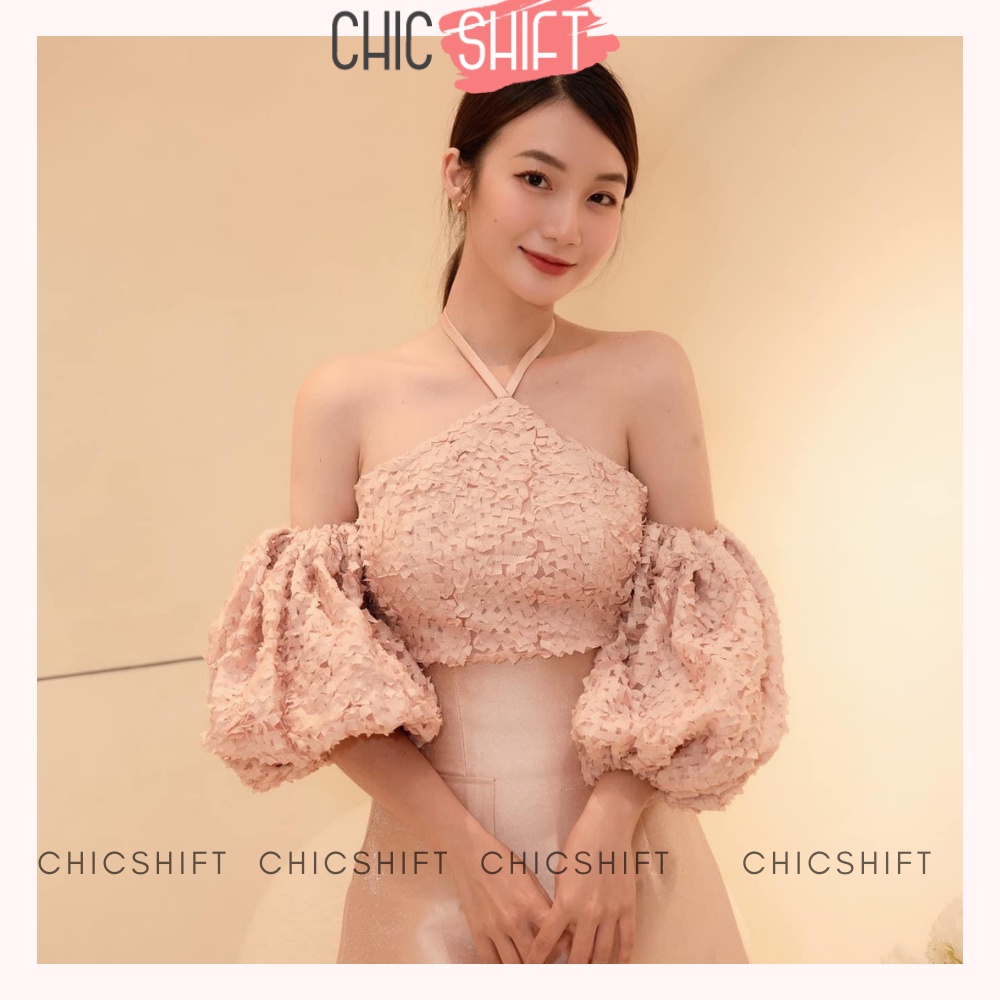 Áo trễ vai cổ yếm tay bồng vải voan màu hồng đất tôn da hot trend 2022 - Chicshift