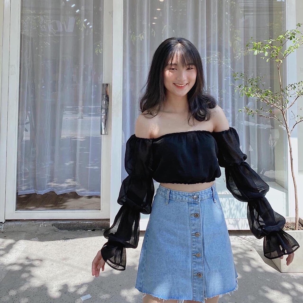 Áo lưới tay bo trễ vai