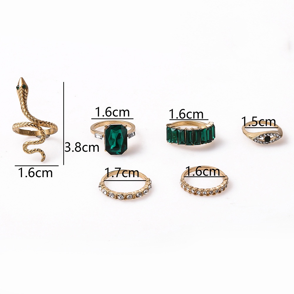 Set 6 Nhẫn Hình Rắn Đính Đá Zircon Xanh Lá Phong Cách Bohemian Cá Tính Có Thể Điều Chỉnh Thời Trang Cho Nữ