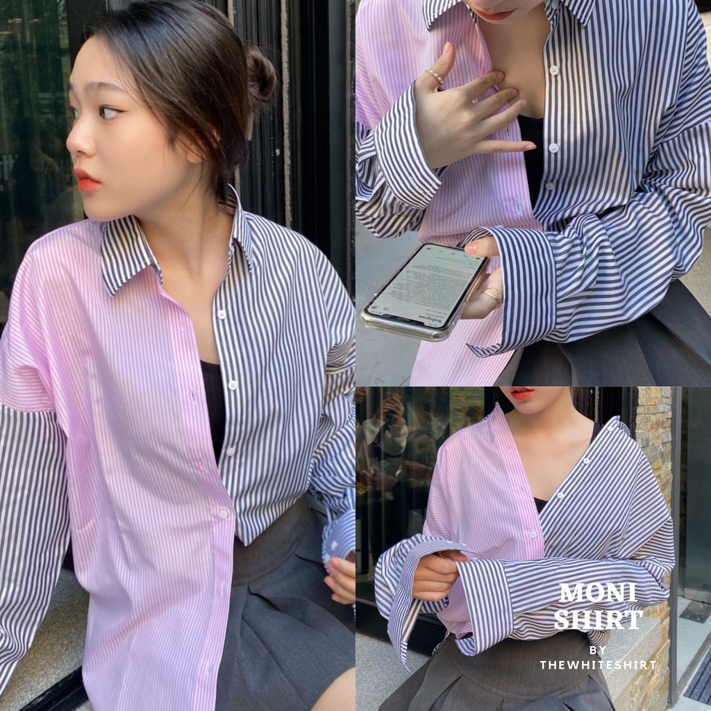 Áo sơ mi nữ phối kẻ 2 màu hồng đen kẻ sọc MONI SHIRT