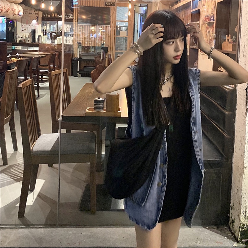 Áo khoác vải denim không tay dáng rộng thời trang retro Hàn Quốc dành cho nữ A1