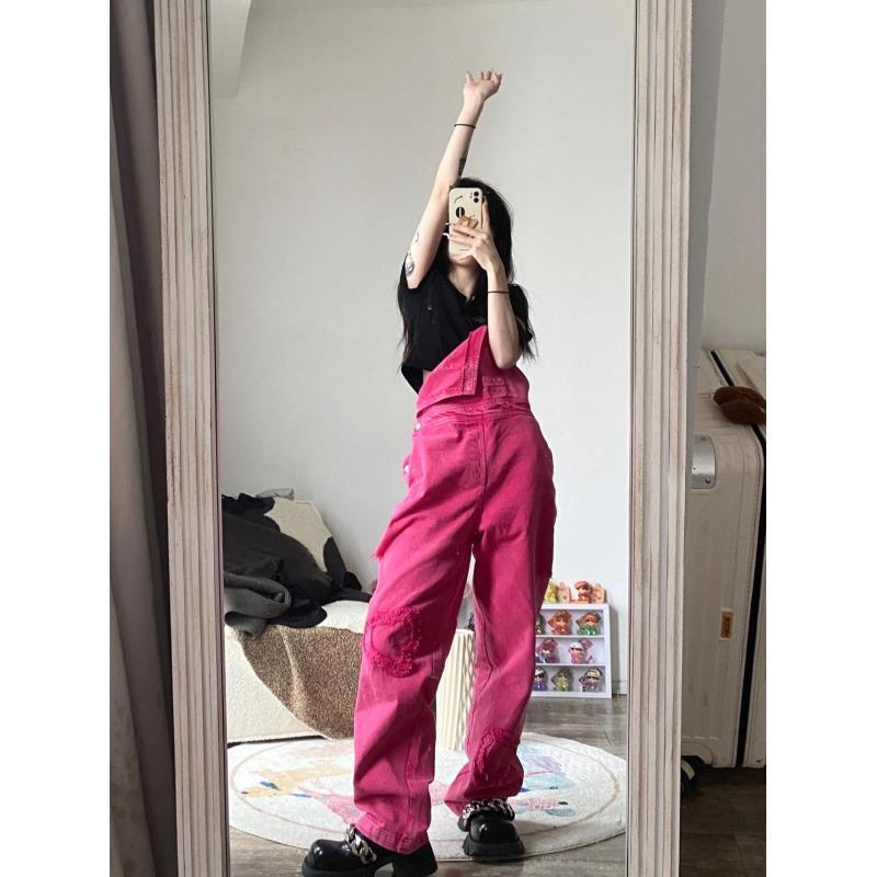 Quần Yếm Denim Dáng Rộng Màu Đỏ Hồng Thời Trang Mùa Hè Phong Cách Retro Hồng Kông Mới Cho Nữ