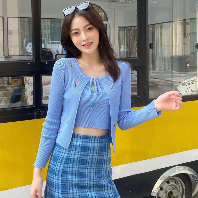 Áo Khoác Cardigan Giả Hai Lớp Thêu Hoa Thời Trang Cho Nữ