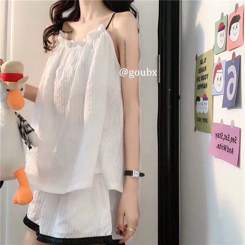 Set 2 Dây Trắng Đũi Nhăn  🌸 Bộ ngủ quần voan ống rộng, áo thun lụa mát mặc ở nhà bánh bèo Ulzzang 🌸