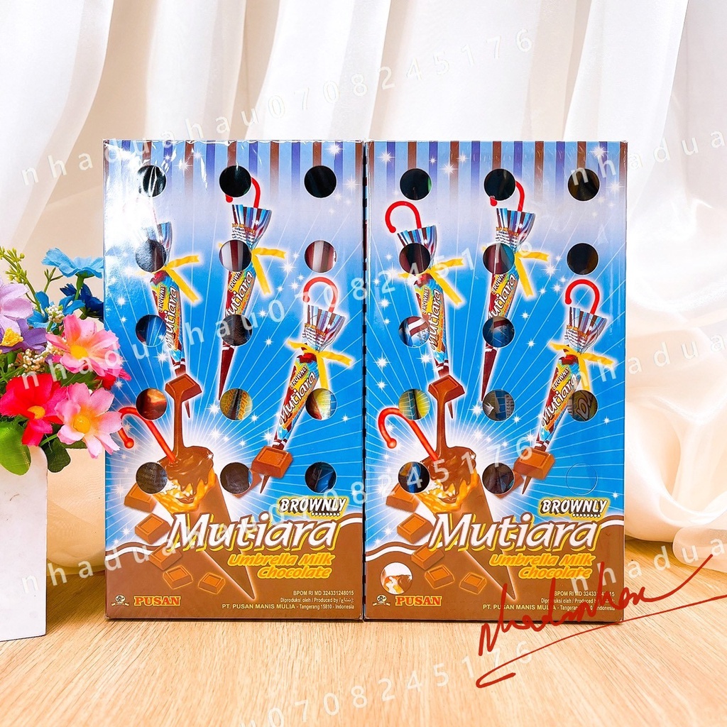 Một hộp gồm 20 kẹo sô cô la hình cây dù/ chiếc ô xinh xắn Mutiara Indonesia cây x15gam