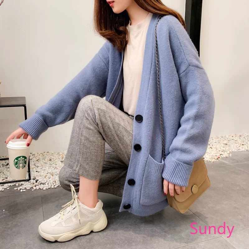 Plus Áo Khoác Cardigan Dệt Kim Tay Dài Dáng Rộng Cổ Chữ V Phong Cách Hàn Quốc Cho Nữ