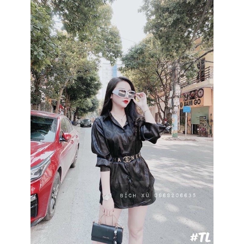 Áo sơ mi lụa vân chìm dáng dài D